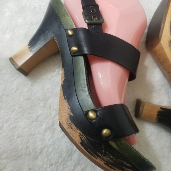 PRICE DROP-YSL Rare Olive & Black Leather Wood Heels - Picture 10 of 11